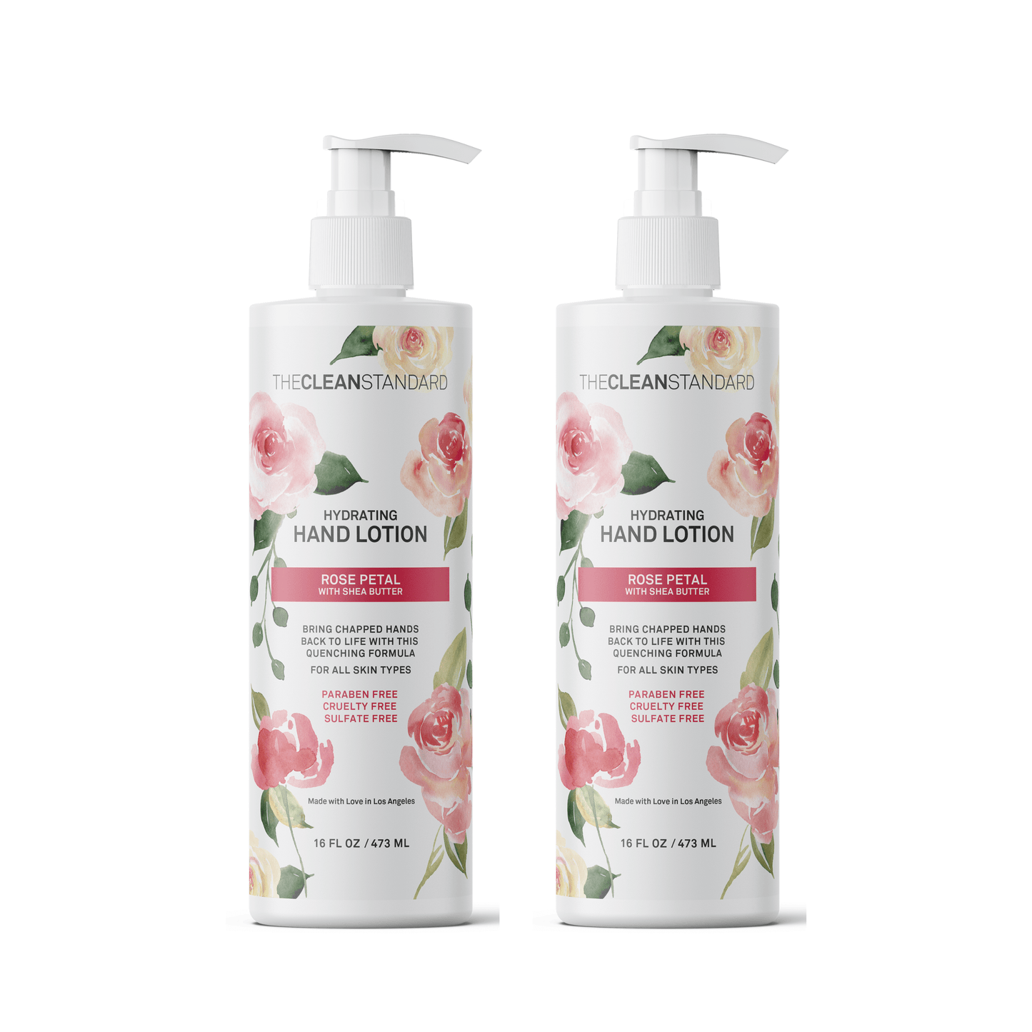 Moisturizing Hand Lotion for Dry Skin and Moisturizer with Shea Butter, Rose Flower Oil | Hydrating Non Greasy Hand Cream for Women and Men by THE CLEAN STANDARD | 2 Bottle Set x 16 fl oz with Lotion Pump by Los Angeles Brands